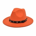 Close-up of orange wool fedora hat with black leather belt and silver metal studs - M (56-58cm) / Orange