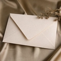 Close-up of cream textured paper envelope on champagne silk with dried flower accents - 1pc Linen White Envelope / White