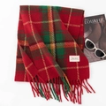 Classic red, green and yellow plaid winter scarf with fringe and beige brand label - Christmas Red Green Plaid