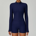 Dark blue ribbed yoga set with long sleeve zipper top and high waist fitness shorts - S / Jacket + Shorts / Navy Blue