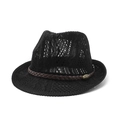Klassischer schwarzer Strick-Fedora-Hut mit braunem Lederband und Retro-Metallschnalle - M (56-58cm) / Schwarz