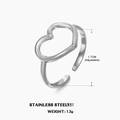 Minimalist silver hollow heart open ring in stainless steel with adjustable band - Solid Rounded Heart Style (ZN038S) / Steel