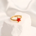 Detailed shot of gold-plated open ring featuring a bright red enamel star and textured finish - Adjustable Open / 18K Gold Plated Star Red