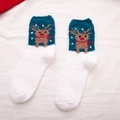 Plush blue and white Christmas socks featuring a brown reindeer pattern in warm coral fleece - Blue Elk
