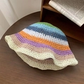 Colorful striped hollow knit straw hat with wide brim for sun protection and beach style - Rainbow Stripe Straw Hat Beige Edge