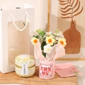 Knitted puff flower gift set with red bean tea and pink bucket for Mother's Day - Tea Canister + Gift Bag + Card / Yellow Goddess Day Puff Hug Bucket