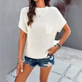 Elegant white short-sleeve turtleneck knit top with pocket for women, casual summer style - S / White
