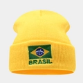 Yellow knit beanie with Brazil flag embroidery and green Brasil lettering for winter - One Size / Yellow