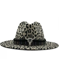 Faux felt leopard print fedora with bull skull tribal band and western cowboy flair - M (56-58cm) / Vintage Metal Bull Skull Wood Bead Style / Beige