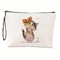 Detail of white canvas cosmetic bag with a cute cartoon calico cat print and black zipper - Calico Cat Style(xy-005-01) / With Strap