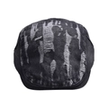 Detailed view of black washed denim beret with distressed torn edges and retro street style - Black