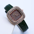 Women's square watch with green crocodile leather strap and sparkling rhinestone dial - Green Rose Gold Case