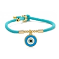 Adjustable blue woven rope bracelet with gold beads and enamel evil eye charm for women - Blue