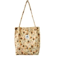Cream corduroy tote bag with orange floral and heart prints and a square slogan patch - Heart Base Tiny Floral (New)
