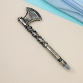 Detail view of retro bronze axe-shaped pen with textured grip and clear protective cap - Axe Pen - Bronze Grey (with Magnet)
