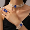 Parure élégante en perles multicouches avec collier, bracelet et bague à gemme bleue - Ensemble Perles Artificielles Pierre Bleue Carrée (2760)