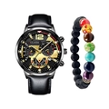 Close-up of men's black leather watch and volcanic stone chakra bead bracelet set - Black Strap Black Case Gold Dial And Bracelet