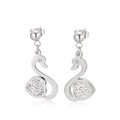 Silver swan drop earrings with heart pendant and sparkling pavé crystals - Silver Swan Heart Drop Style (KE59582-K)