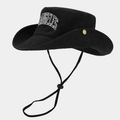 Black wide brim cowboy sun hat with Los Angeles embroidery and adjustable wind cord - Black