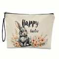 Happy Easter canvas toiletry bag with hand-painted rabbit and floral pattern prints - Beige Background Watercolor Grey Bunny