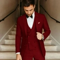 Detailed shot of slim fit burgundy three-piece tuxedo with double-breasted vest for men - XXS / Light Wine Red