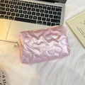 Pink heart quilted vanity bag with smooth satin finish and cream zipper detail - Heart Pink