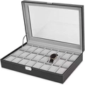 Uhrenbox für 24 Uhren aus schwarzem PU-Leder mit Sichtfenster und grauem Innenfutter - 24 Slots - Graues Interieur