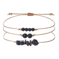 Three-piece black stone bead bracelet set with adjustable hand-woven cords for men and women - Black Agate
