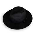 Detailed view of black straw fedora showing fine spiral weave and leather band with buckle - M / Black