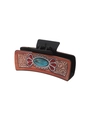 Western style faux leather hair claw clip with floral carving and turquoise stone inlay - Black Turquoise Vintage Embossing (90152)