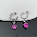 Boucles d'oreilles créoles argentées avec cristal rose en cœur et zircons brillants - Boucles d'Oreilles Longues Cœur Rose Rouge