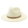 Detail of cream Panama hat featuring a slim brown leather band with small gold beads - Cream