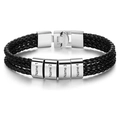 Men's triple-layer braided black leather bracelet with custom stainless steel beads - 19cm / 4 Names / Steel Color Buckle