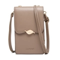 Close-up of khaki PU leather phone bag featuring a golden leaf buckle and fine stitching - Coffee