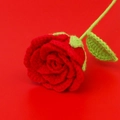 Close-up of a handmade red knitted rose flower with a green stem on a red background - New Yimian Thread Thai Rose Bouquet - Bright Red