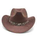 Chapeau de cowboy bohème en feutre marron avec décoration œil et ruban tissé sur blanc - M (56-59cm) / Marron Daim Synthétique