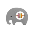 Gray silicone elephant baby rattle toy with wooden handle and colorful rings - Elephant Rattle Gray