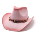 Chapeau de cowboy rose tissé avec perles de bois colorées et larges bords relevés - rose vif