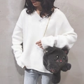 Cute grey plush cat doll crossbody bag with gold chain strap on a white knit sweater - Dark Gray