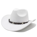 Detail of white felt cowboy hat featuring ethnic woven band with pearl and wood star accents - White