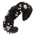 Baroque knotted headband with white flowers, pearls and rhinestones on black fabric - Black