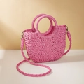 Pink crescent straw woven handbag with circular top handles and a detachable shoulder strap - Rose Red