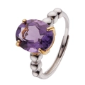 S925 sterling silver beaded ring featuring a purple oval gemstone in gold prongs - Amethyst Beaded Band Style (LR259)