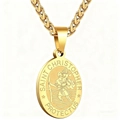Golden St. Christopher protector pendant with wheat chain in high-polished finish - Wheat Chain Necklace / Gold