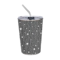 Black 17oz stainless steel rhinestone tumbler with white star patterns and metal straw - 500ml / Black