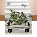 Christmas table runner with vintage black truck and snowy tree on striped fabric - 33cmx180cm / Retro Truck Christmas Tree