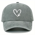 Washed grey cotton baseball cap featuring a white embroidered heart and paw print pattern - Gray