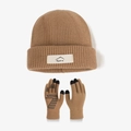 Brown winter knit hat and touchscreen gloves set with mountain sport logo patch - Coffee (2-Piece Set)