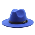 Detail of royal blue fedora hat with flat brim and gold horsebit buckle on leather band - Blue