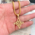 Golden stainless steel witch's knot necklace with hollow square Celtic pendant - Gold + Pearl Chain
